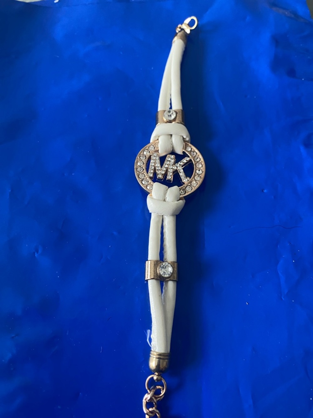 Michael Kors White Leather Logo Bracelet with Gold-Tone and Crystals